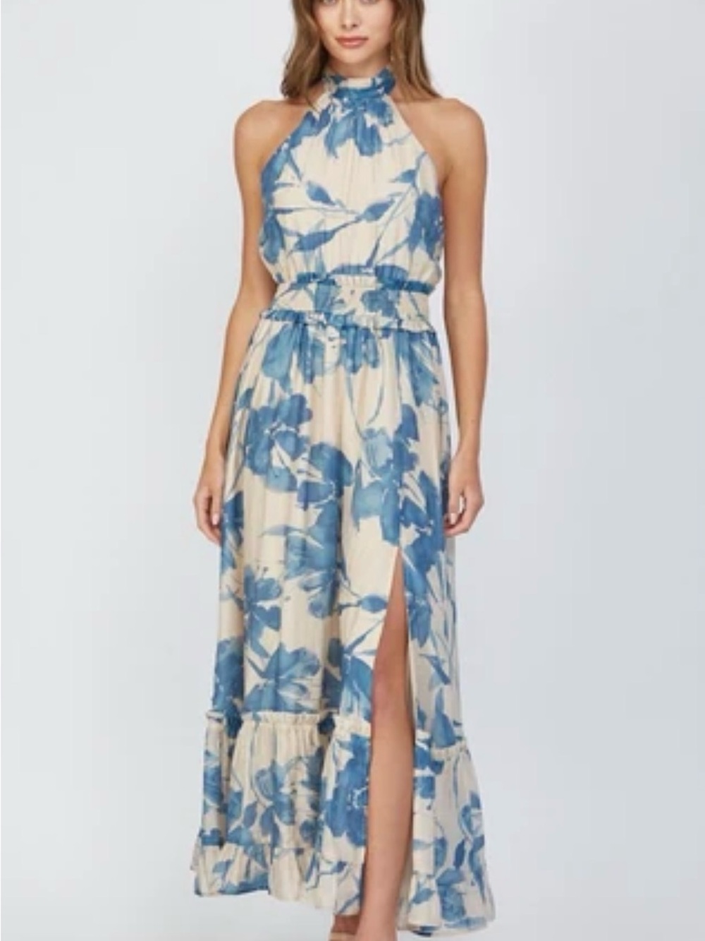 Fate Halter-Neck Blue Floral Maxi Dress